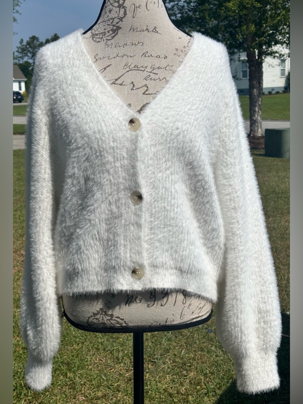 Cozy White Fuzzy Button-Up V-Neck Cardigan